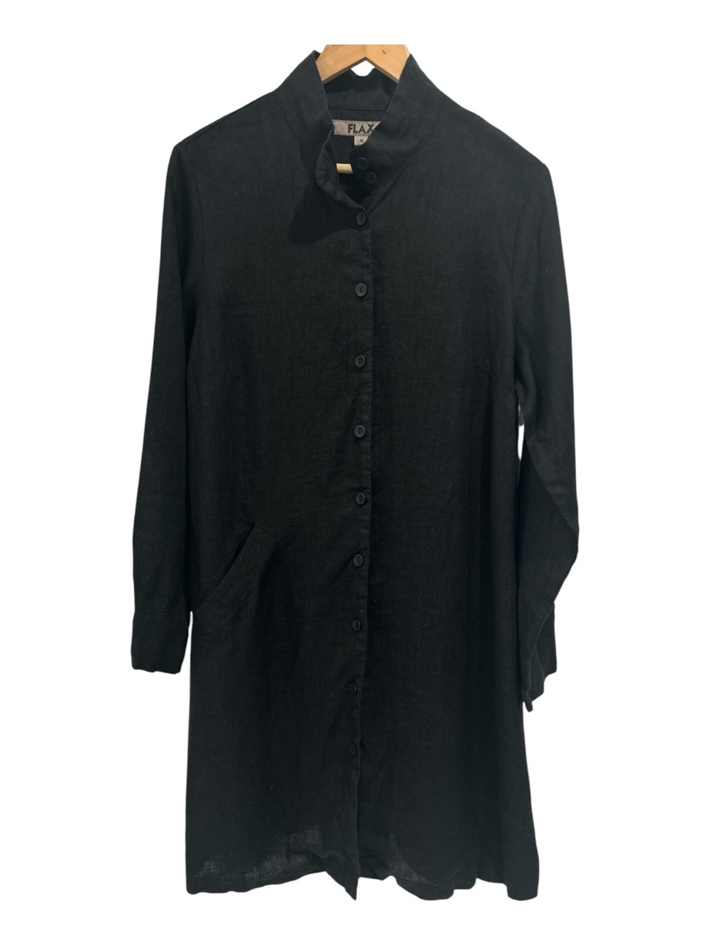 NWOT Flax Linen Button Front Black Flowy Lagenlook Knee Length Shirt Dress - S